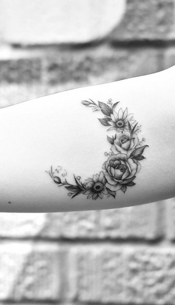 Black and White Floral Flower Moon Forearm Tattoo Ideas for Women -Tattoo Ideas for Women -  Ideas de tatuaje de flores para mujeres - www.MyBodiArt.com