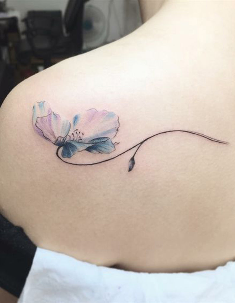 Blue Watercolor Lily Shoulder Tattoo Ideas for Women -  Ideas de tatuaje de flores para mujeres - www.MyBodiArt.com