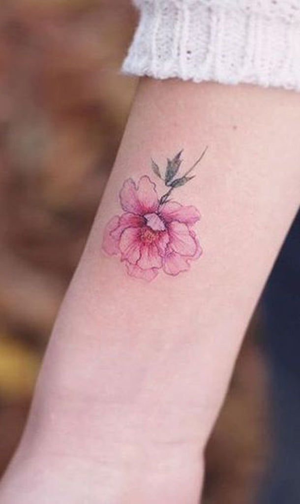 Small Delicate Watercolor Sketch Pink Rose Floral Flower Wrist Tattoo Ideas for Women - www.MyBodiArt.com
