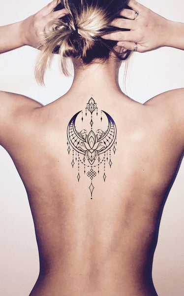 Unique Boho Moon Back Tattoo Ideas for Women - Tribal Lotus Chandelier Spine Tat - luna ideas de tatuaje para mujeres - www.MyBodiArt.com #tattoos