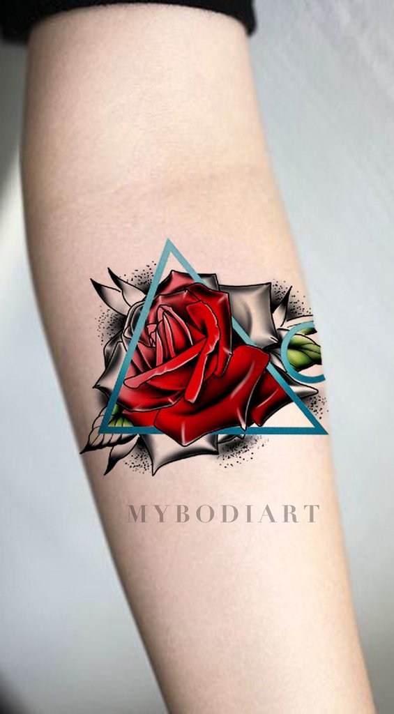 Unique Watercolor Red Rose Arm Tattoo Ideas for Women - Realistic Black Geometric Triangle Outline Floral Flower Forearm Tat - ideas únicas del tatuaje del brazo color de rosa de la acuarela para las mujeres - www.MyBodiArt.com #tattoos