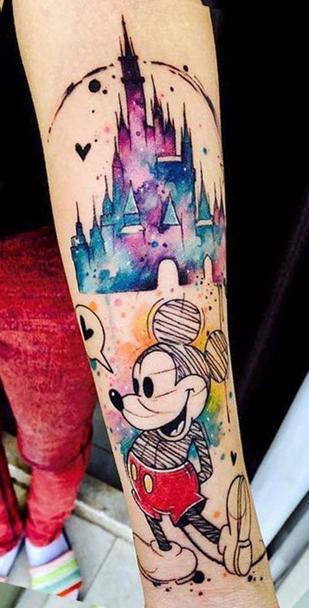 Watercolor Sketch Mickey Mouse Disney Castle Forearm Tattoo Ideas for Women - www.MyBodiArt.com