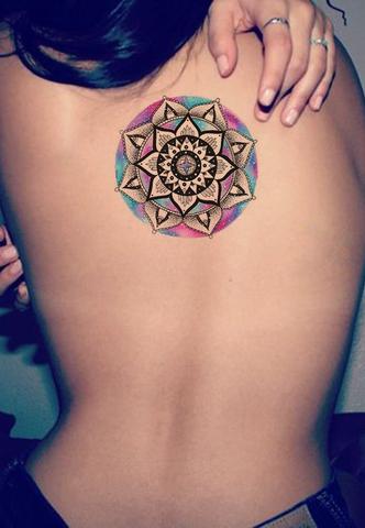 Watercolor Geometric Mandala Back Tattoo Ideas for Women - Popular Tribal Tats -www.MyBodiArt.com #tattoos