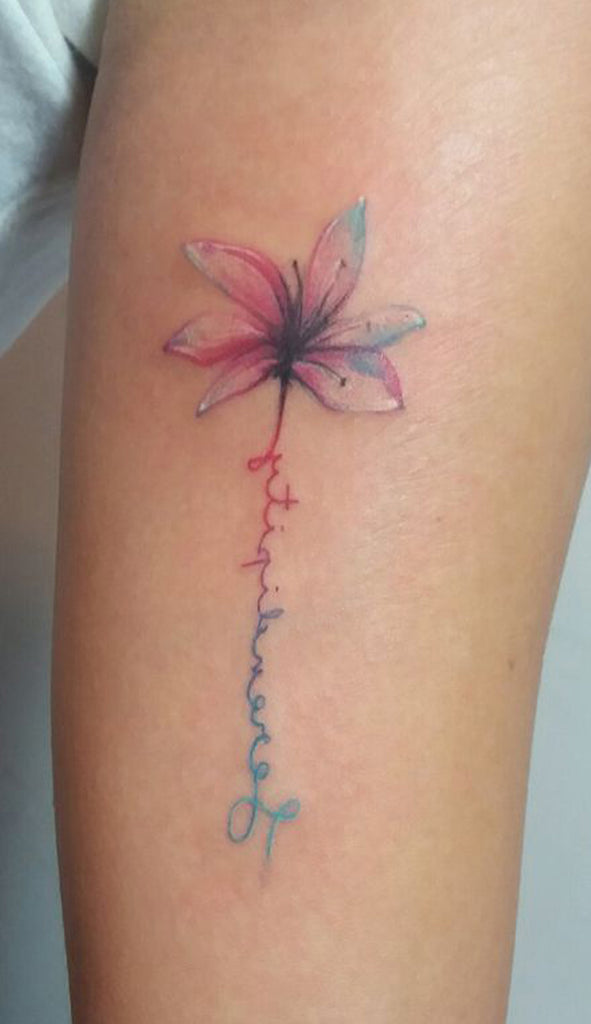 Watercolor Opal Floral Flower Lily Script Quote Arm Tattoo Ideas for Women -  Acuarela ópalo floral flor lirio guión cita tatuaje tatuaje ideas para mujeres - www.MyBodiArt.com