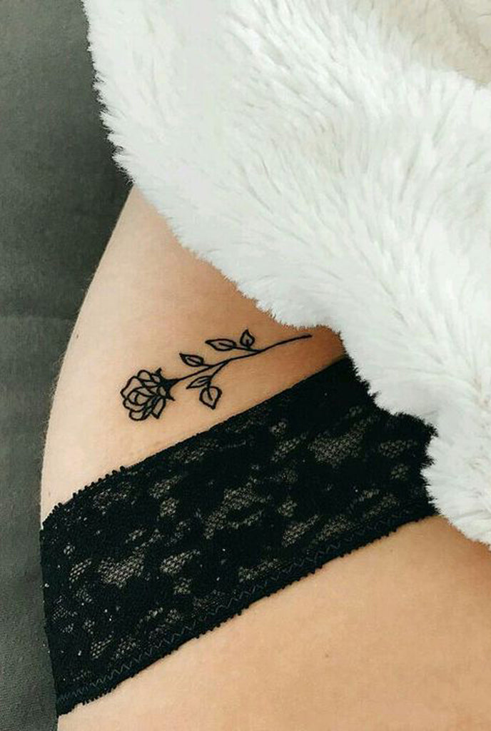 Cute Small Vintage Rose Black Outline Hip Tattoo Ideas for Women - Floral Flower Leg Tat -  pequeñas ideas de tatuaje de rosa mosqueta para las mujeres - www.MyBodiArt.com
