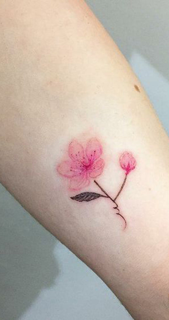 Small Watercolor Pink Cherry Blossom Tattoo Ideas for Women - www.MyBodiArt.com