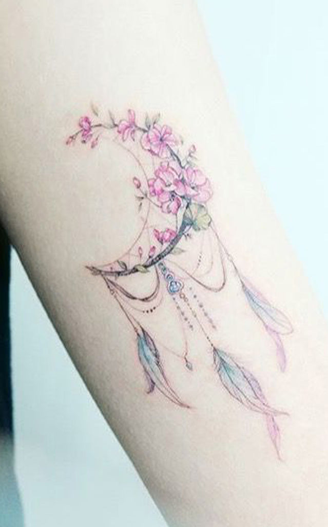 Pretty Watercolor Floral Flower Moon Feather Arm Tattoo Ideas for Women - www.MyBodiArt.com
