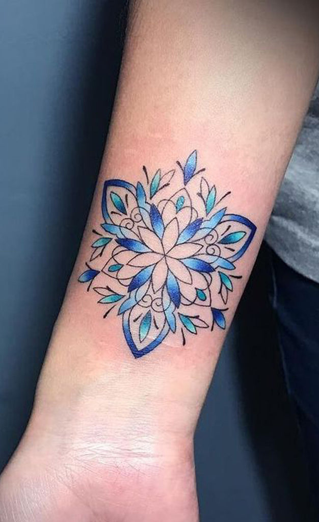 Cute Blue Watercolor Mandala Snowflake Wrist Tattoo Ideas for Women - www.MyBodiArt.com