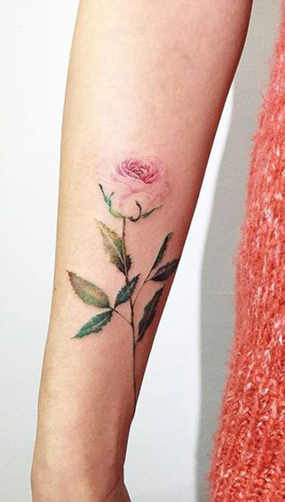 Watercolor Pink Rose Forearm Tattoo Ideas for Women -  Acuarela rosa antebrazo tatuaje ideas - www.MyBodiArt.com 