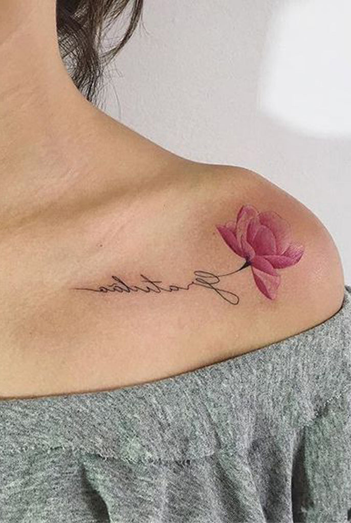 Pink Watercolor Lotus Script Tattoo Ideas for Women - www.MyBodiArt.com