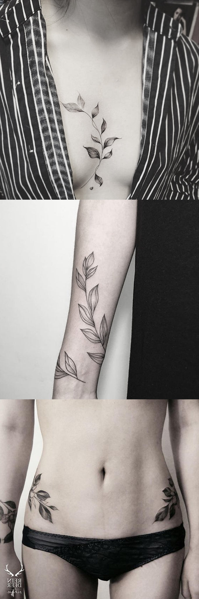 Black and White Large Flower Leaf Sternum Tattoo - Vine Arm Sleeve Hip Tat - MyBodiArt.com