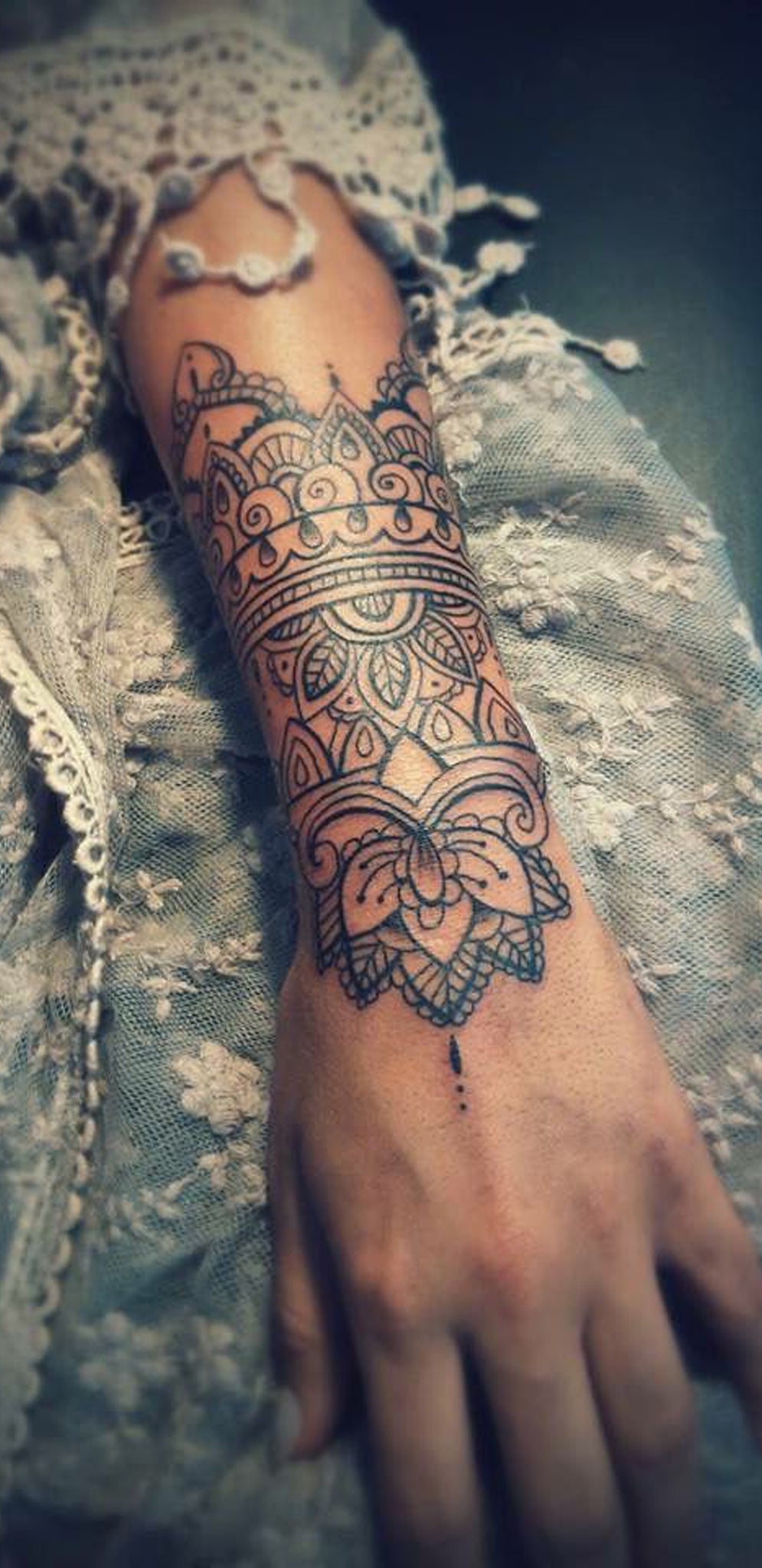 Mandala Outer Forearm Tattoo Ideas for Women - Black Henna Floral Flower Lotus Arm Sleeve Tat -  ideas del tatuaje del antebrazo de loto   tatuaje de la manga del brazo- www.MyBodiArt.com