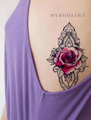 Beautiful Rose Geometric Mandala Rib Tattoo Ideas for Women - Unique Watercolor Black Linework Floral Flower Side Tat - ideas hermosas del tatuaje de la costilla color de rosa para las mujeres - www.MyBodiArt.com #tattoos 