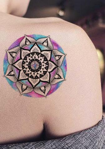 Watercolor Geometric Mandala Shoulder Tattoo Ideas for Women - Unique Popular Tribal Tats -www.MyBodiArt.com #tattoos