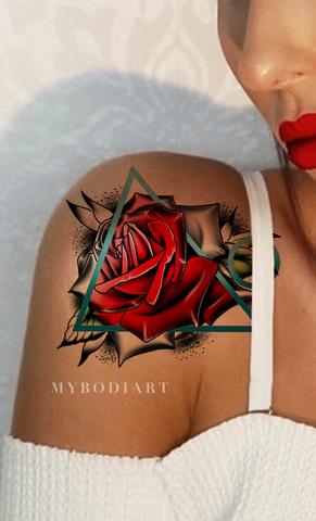 Unique Watercolor Red Rose on Shoulder Tattoo Ideas for Women - Realistic Black Geometric Triangle Outline Floral Flower Arm Tat - ideas únicas del tatuaje del hombro de la rosa de la acuarela para las mujeres - www.MyBodiArt.com #tattoos
