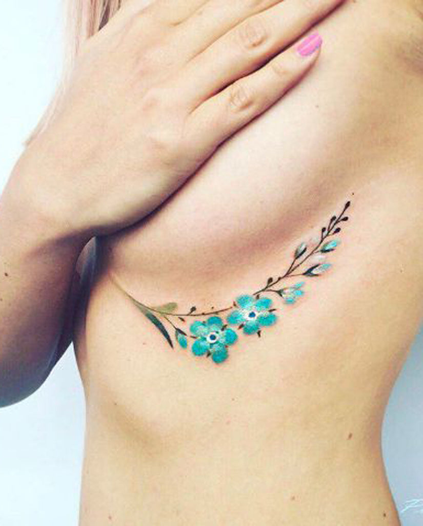 Blue Flower Rib Underboob Tattoo - MyBodiArt.com