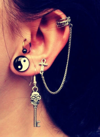 Ying Yang Ear Gauge with Helix Double Chain Piercing Ear Cuff, Ear Piercing Ideas at MyBodiArt