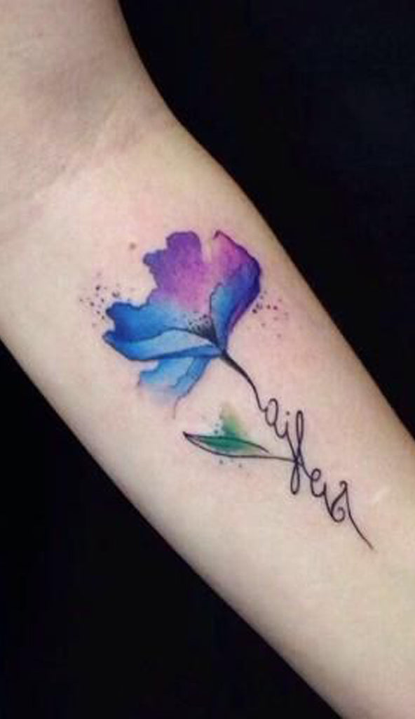 Watercolor Purple Blue Quote Floral Flower Forearm Tattoo Ideas for Women - www.MyBodiArt.com