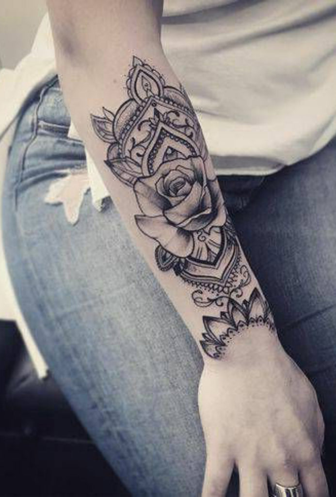 Geometric Mandala Black Rose Arm Sleeve Forearm Tattoo Ideas for Women -  Ideas de tatuaje de flores para mujeres - www.MyBodiArt.com