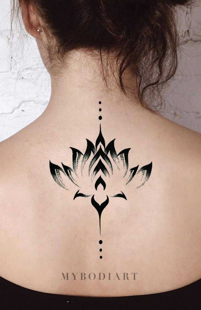 Boho Lotus Back Tattoo Ideas for Women Watercolor Simple Tribal Black Floral Flower Spine Tat - ideas de tatuaje de espalda de loto acuarela negra para mujeres - www.MyBodiArt.com #tattoos