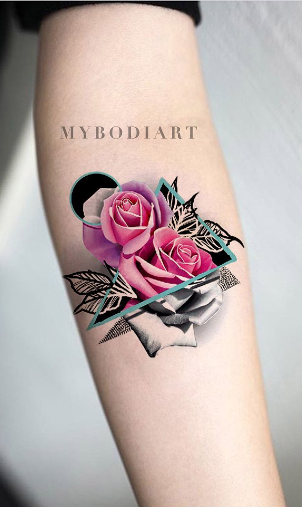 Unique Watercolor Pink Rose Forearm Tattoo Ideas  - Traditional Geometric Mandala Triangle Arm Tat for Women - ideas del tatuaje del antebrazo de la rosa del rosa de la acuarela para las mujeres - www.MyBodiArt.com #tattoos
