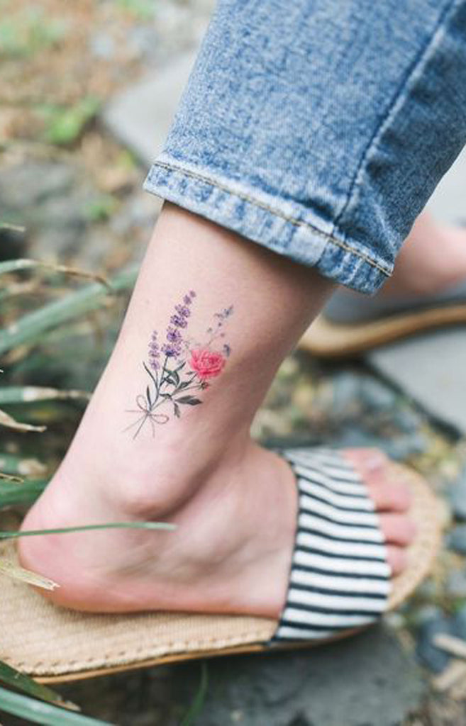Cute Watercolor Pink Purple Wild Flower Ankle Tattoo Ideas for Women -  Ideas de tatuaje de flores para mujeres - www.MyBodiArt.com