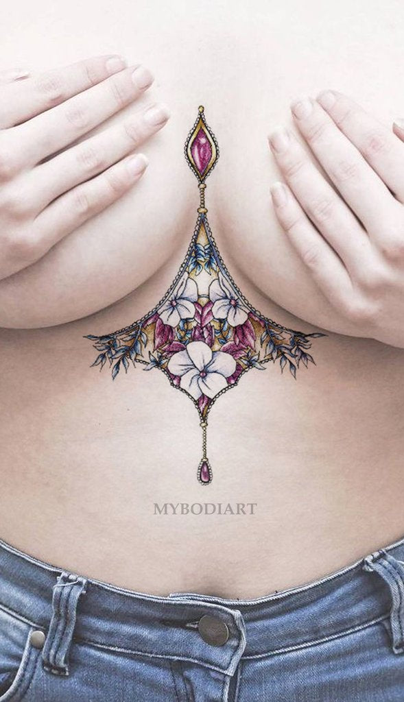 Cool Flower Sternum Tattoo Ideas for Women - Watercolor Jewel Cleavage Chest Floral Tat - ideas del tatuaje del esternón de la flor para las mujeres - www.MyBodiArt.com #tattoos