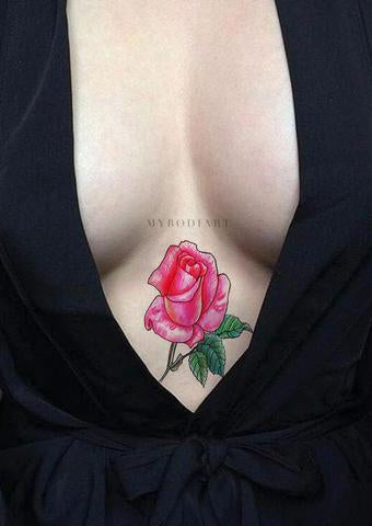 Neo Linework Watercolor Rose Sternum Tattoo Ideas for Women - Unique Floral Flower Clevage Colorful Tat - ideas del tatuaje del esternón de la rosa del rojo de la acuarela para las mujeres - www.MyBodiArt.com #tattoos