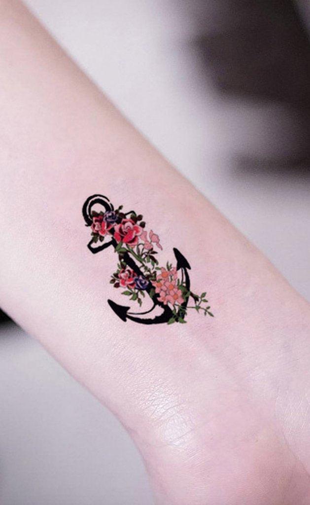 Cute Small Anchor Vintage Flower Wrist Tattoo Ideas for Women - Colorful Watercolor Traditional Floral Arm Tat - www.MyBodiArt.com #tattoos