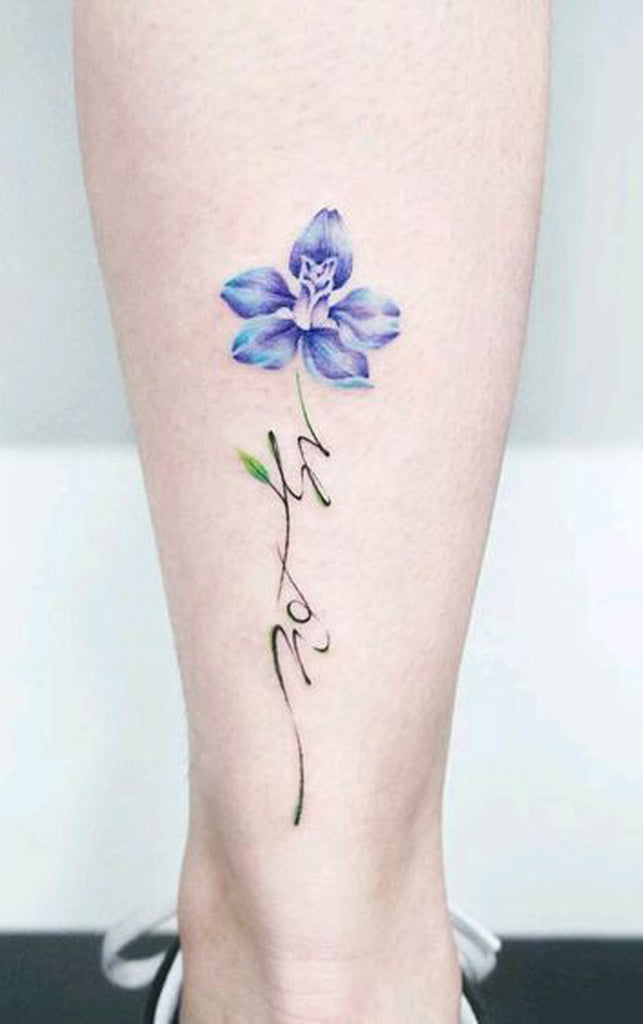 Blue Watercolor Floral Flower Script Quote Leg Tattoo Ideas for Women -  Ideas de tatuaje de flores para mujeres -  www.MyBodiArt.com 