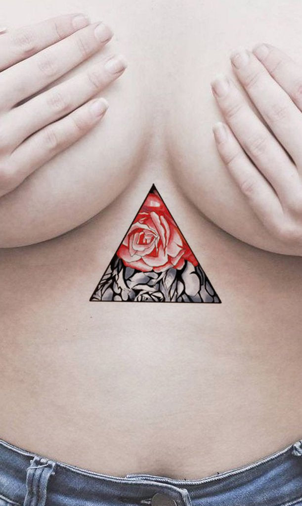 Unique Geometric Triangle Outline Watercolor Rose Sternum Tattoo Ideas for Women - www.MyBodiArt.com #tattoos