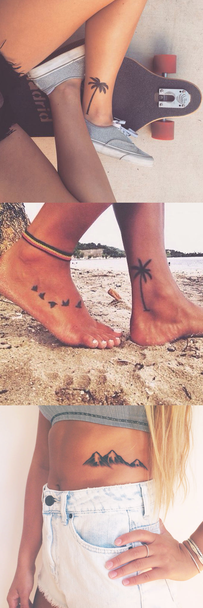 Palm Tree Tattoo Ideas for Women - Black Flower Ankle Foot Tatt - Mountain Rib Tat - MyBodiArt.com