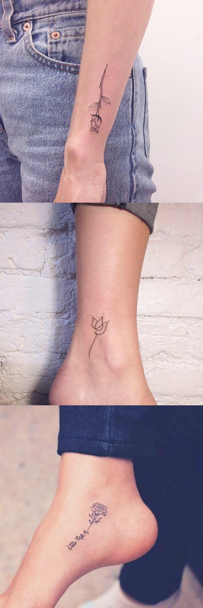 Minimalistic and Simple Rose Ankle Foot Tattoo Ideas in Black Henna - Cute Wrist Flower Tatt - at MyBodiArt.com 