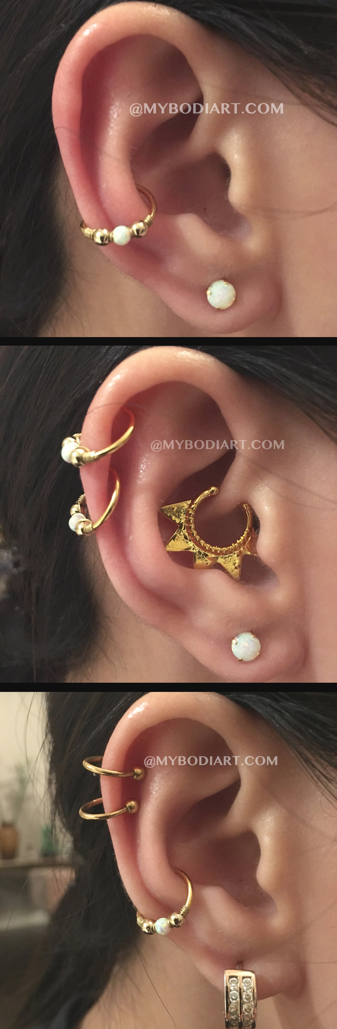 Cute Gold Ear Piercing Ideas for Teenagers - ideas para perforar orejas - cartilage conch daith rook ear lobe helix tragus earring ring hoop stud jewelry jewellery - www.MyBodiArt.com