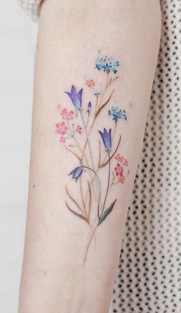 Watercolor Blue Wild Floral Flower Wrist Tattoo Ideas for Women -  Acuarela floral flor antebrazo tatuaje ideas para mujeres- www.MyBodiArt.com 