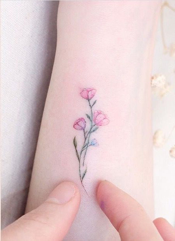 Watercolor Pink Small Delicate Floral Flower Wrist Tattoo Ideas for Women - www.MyBodiArt.com