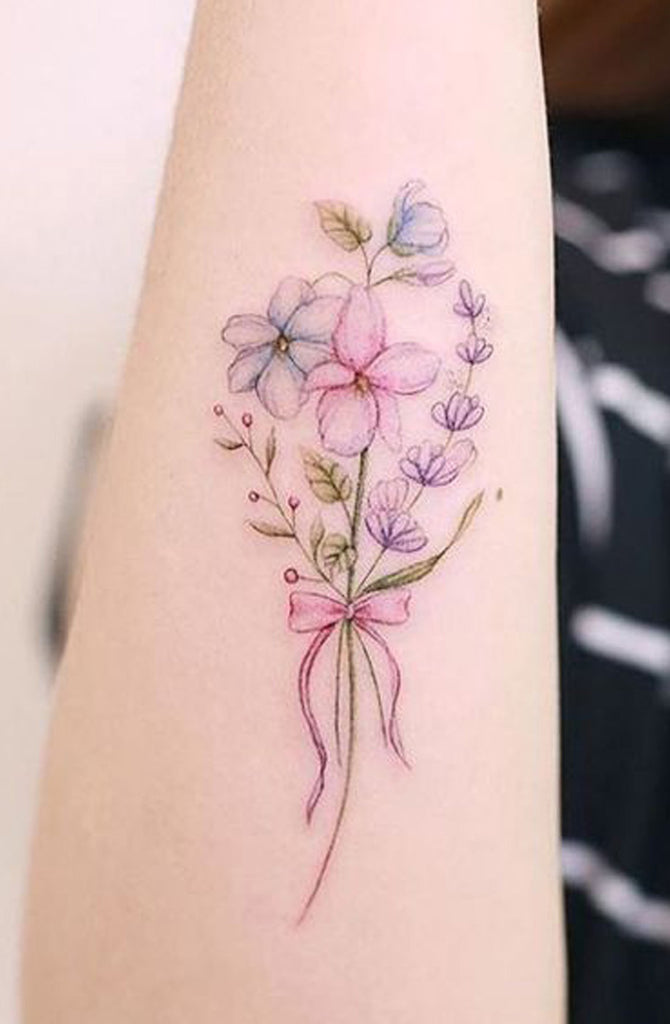 Watercolor Bouquet of Flowers Pink Arm Tattoo Ideas for Women -  bonitas ideas de tatuaje de brazo de flor de acuarela - www.MyBodiArt.com 