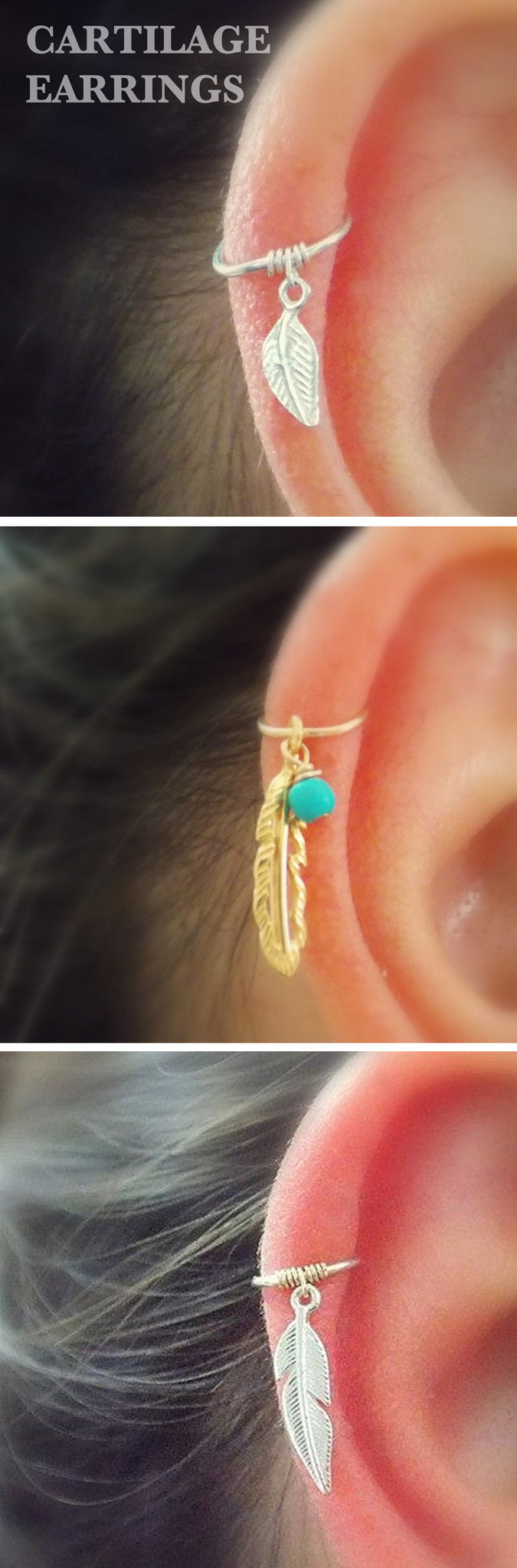 Boho Ear Piercing Ideas Cartilage - Leaf Feather Gold Ring Hoop Earring - www.MyBodiArt.com 
