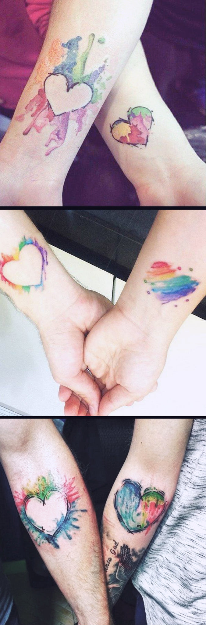 Matching Watercolor Heart Tattoo Ideas - Small Rainbow Soul Wrist Tatouage for Couples, Bestfriends, Sister for 2 - www.MyBodiArt.com 