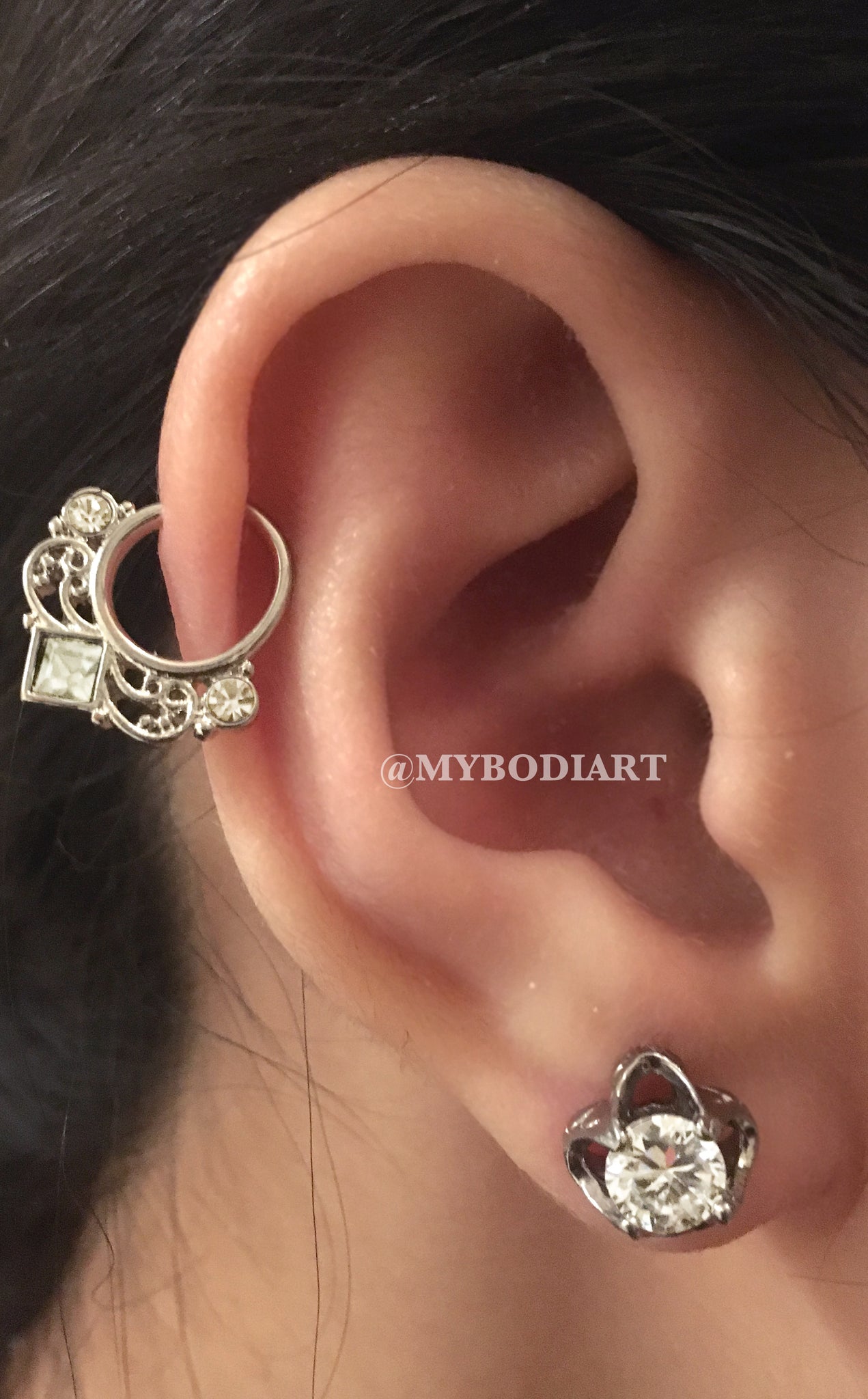 Cartilage Ear Piercing Ideas - Silver Ring Hoop Crystal Lobe Earring Stud - www.MyBodiArt.com