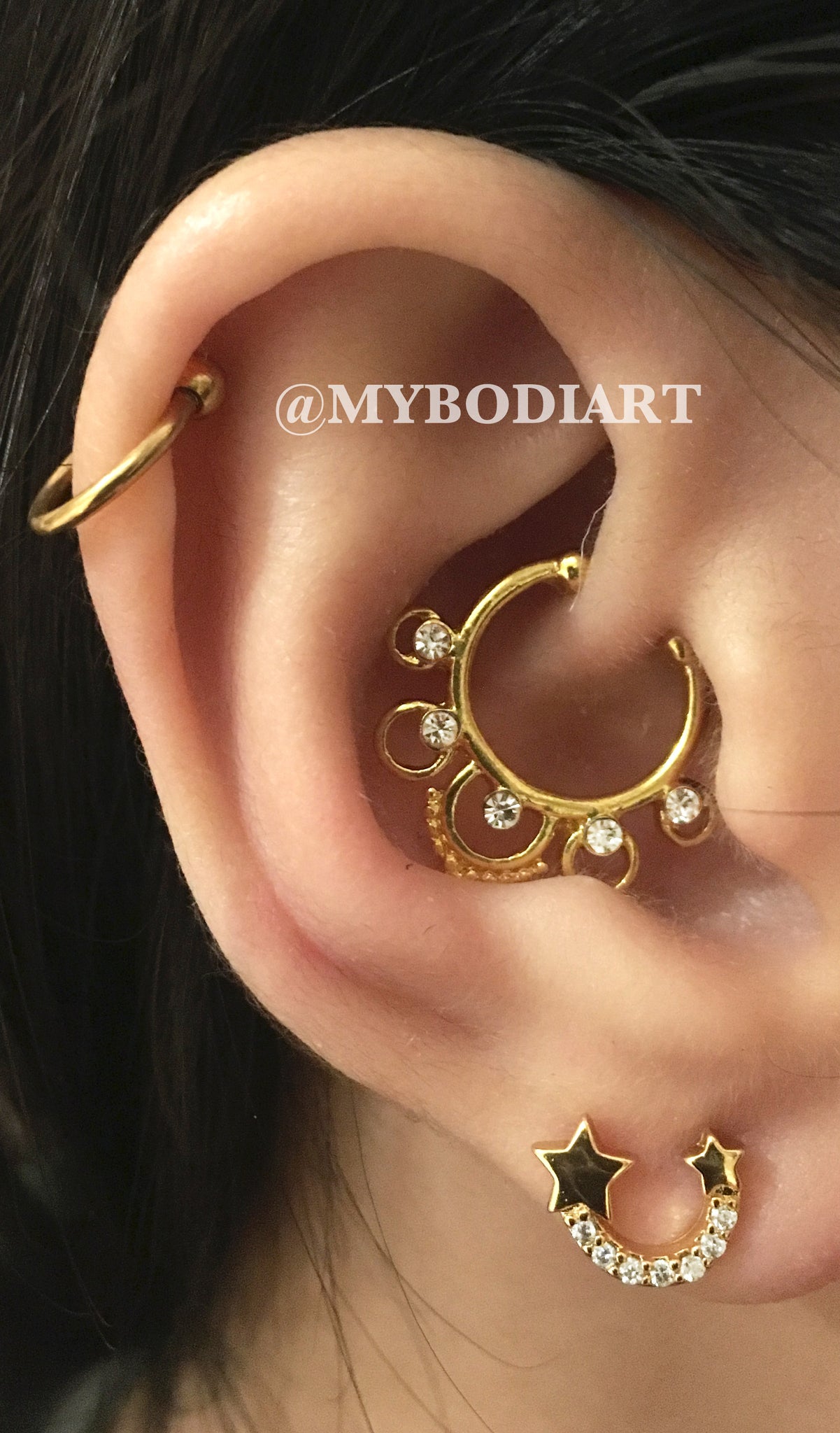 Multiple Ear Piercing Ideas - Single Gold Cartilage Ring - Rook Daith Hoop - Star Crystal Earring Lobe Stud - www.MyBodiArt.com 