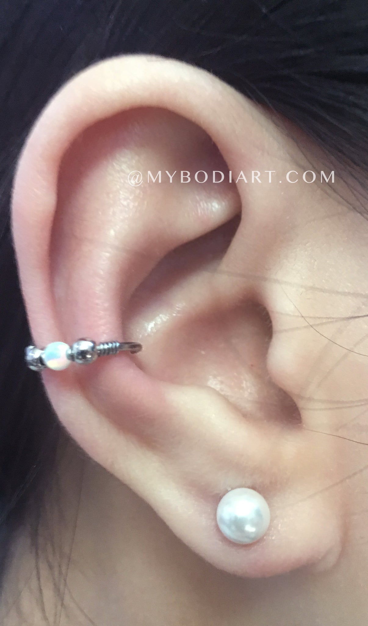 Feminine Classy Ear Piercing Ideas - Opal Conch Earring Ring Hoop - Pearl Ear Lobe Studs - www.MyBodiArt.com