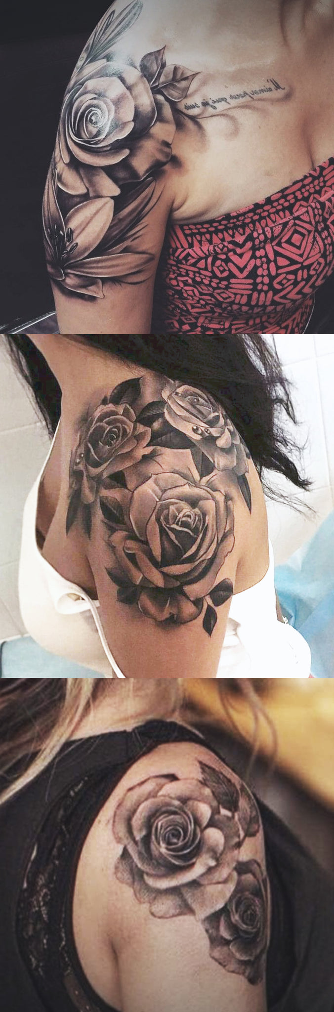 Women's Rose Shoulder Tattoo Ideas in Black and White Realistic Left Floral Arm Sleeve Tatouage Ideas Del Tatuaje - www.MyBodiArt.com