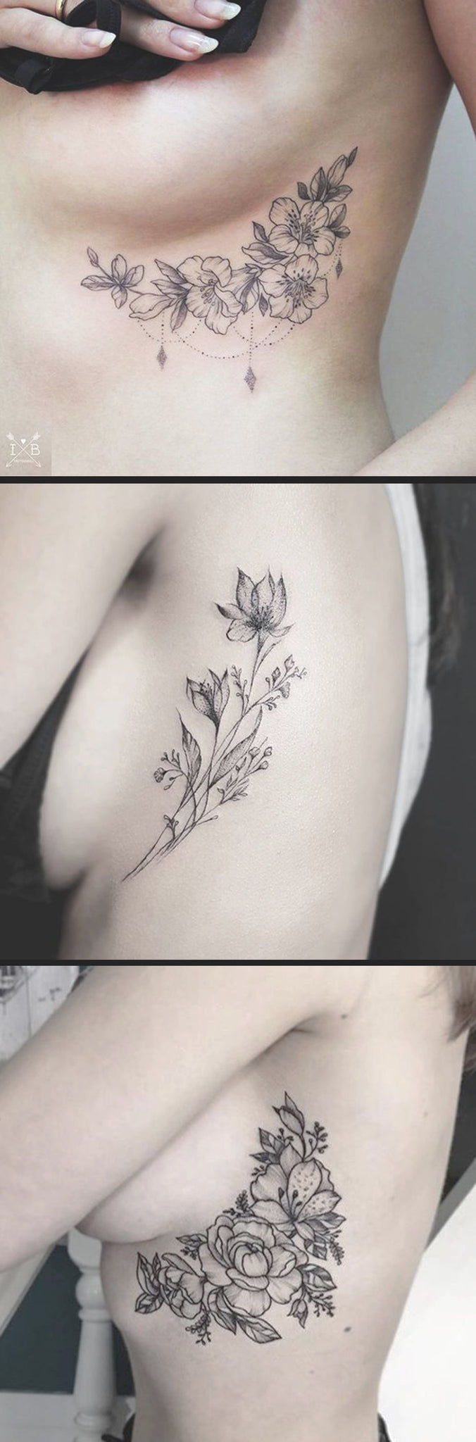 Inspirational Black and White Floral Flower Rib Cage - Realistic Peony Foliage idées de tatouage pour les femmes - www.MyBodiArt.com