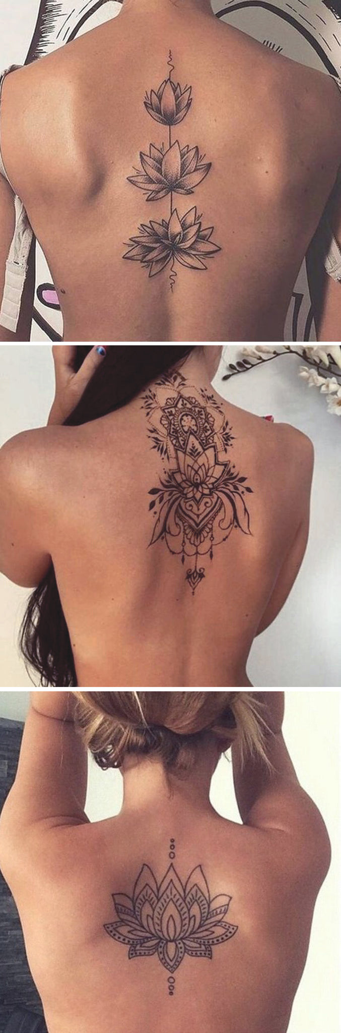 Realistic Lotus Mandala Tattoo Back Ideas - Unalome Spine Tat - pequeñas ideas de tatuaje de loto para mujeres chicas - www.MyBodiArt.com