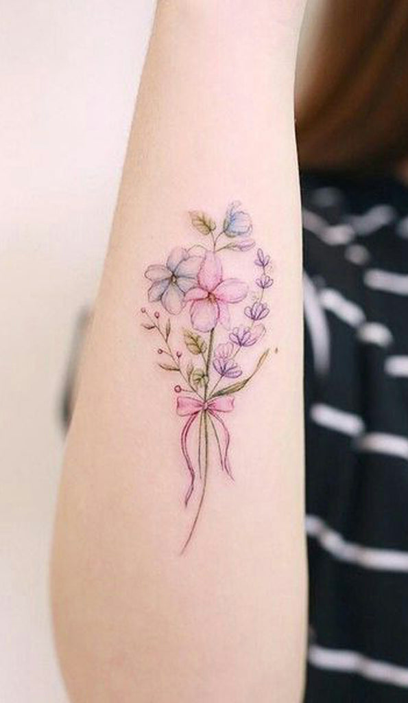 Cute Watercolor Floral Flower Bouquet Forearm Tattoo Ideas for Women - www.MyBodiArt.com 