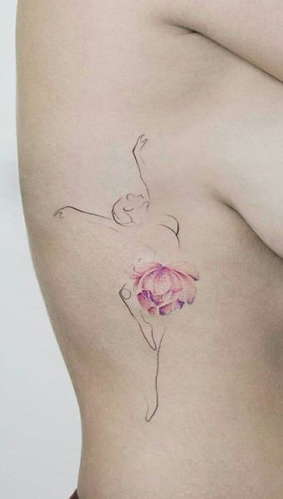 Unique Ballernina Watercolor Rose Floral Flower Rib Tattoo Ideas for Women -  Ideas delicadas del tatuaje de la costilla para las mujeres - www.MyBodiArt.com