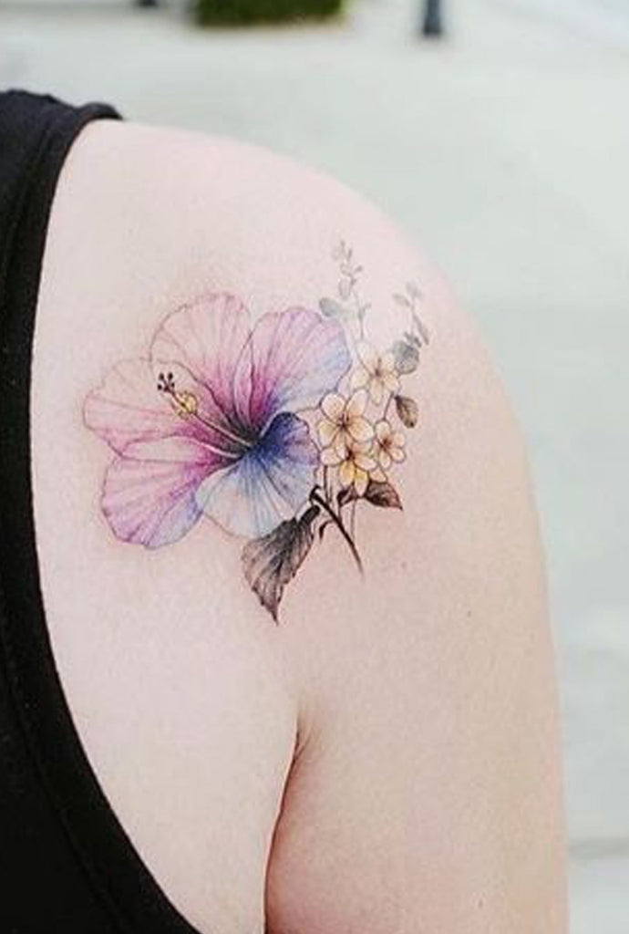 Pretty Watercolor Delicate Blue Purple Shoulder Tattoo Ideas for Women -  Ideas florales delicadas del tatuaje del hombro de la flor para mujeres - www.MyBodiArt.com
