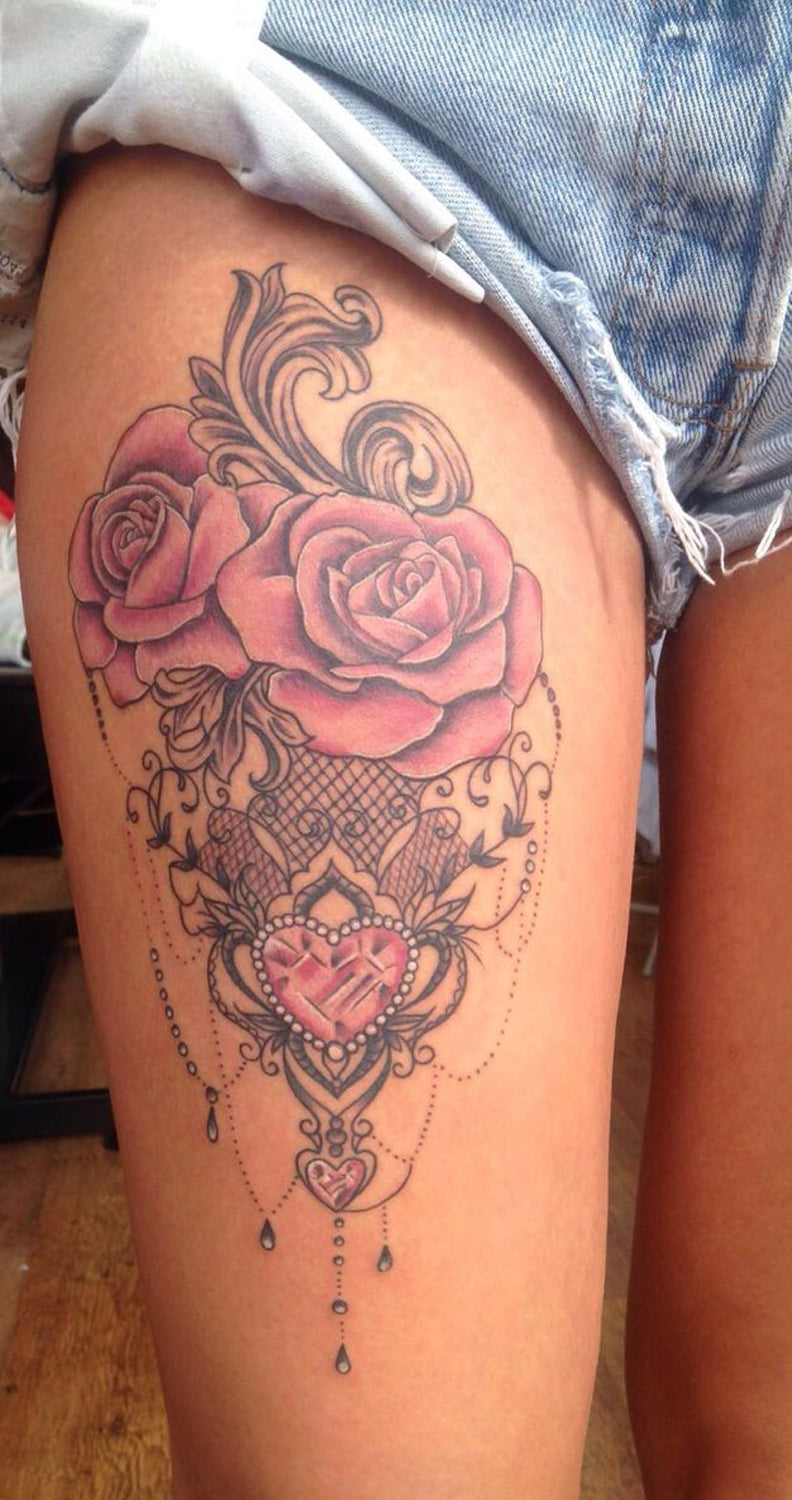 Cute Watercolor Rose Thigh Tattoo Ideas for Women - Chandelier Black Lace Red Heart Side Tat - www.MyBodiArt.com 