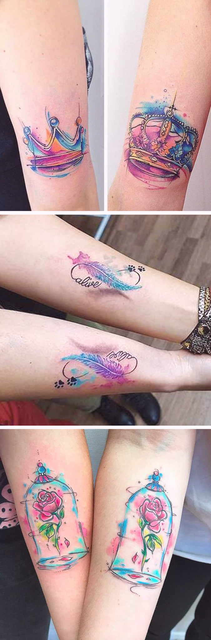 Matching Watercolor Tattoo Ideas for 2 Sisters, Bestfriends, Siblings - Small Arm Rose Floral Flower Tatouage - Queen King Crown Infinity Ideas Del Tatuaje - www.MyBodiArt.com